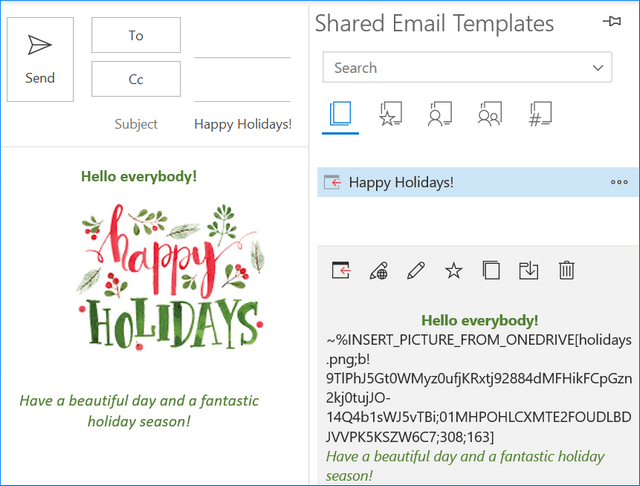 Вставка изображения в электронную почту Outlook из OneDrive с помощью общих шаблонов электронной почты